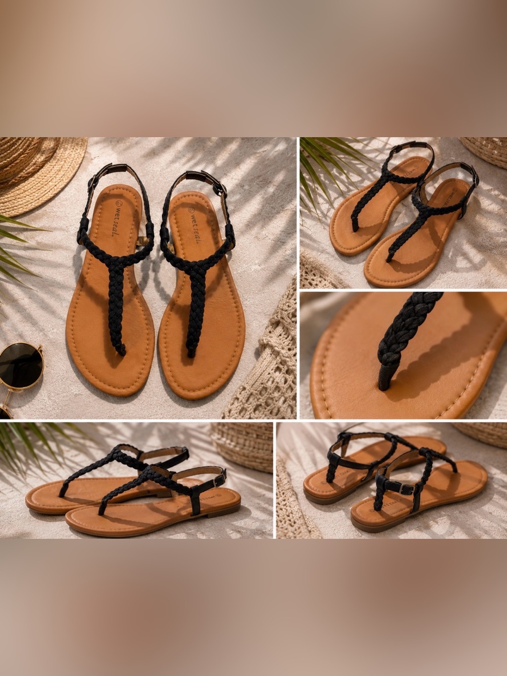 A bundle of three Braided T-Strap Sandals with Tan Footbed